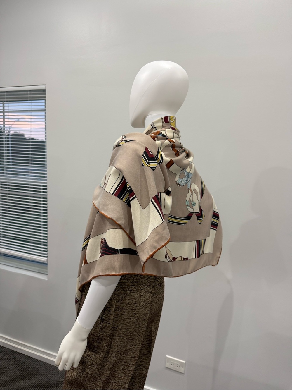 Neutral Beige Printed Silk & Cashmere Scarf with Equestrian Motif - Picture 9 of 14